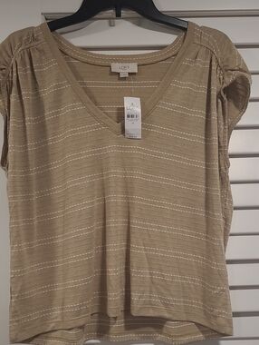 LOFT Tan Short-Sleeve V-Neck Top with Metallic Stripes